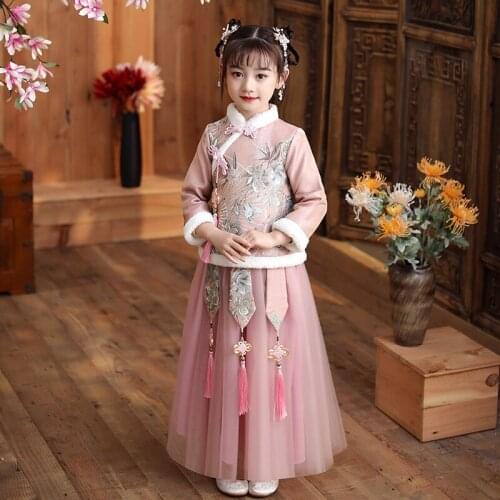 Autumn And Winter Girls' Ancient Long Sleeves Hanfu Thickened Tang Dress New Years Clothing Birthday Wedding Party Dress