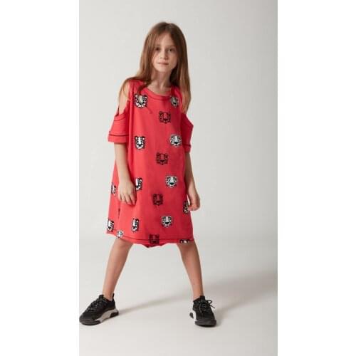 Female Child Dress Cotton Midi Printed Long Woven Trend Cycling Collar Red