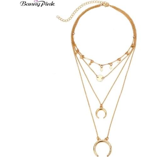 Banny Pink Sexy Multilayer Clavicle Chain Choker For Women Chunky Crescent Moon Sequins Statement Pendant Choker Collar Necklace