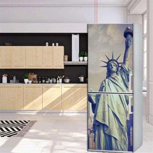 Statue of Liberty Fridge Sticker Self-adhesive Wallpaper Home Decor Flower Door Decals Waterproof Kitchen Refrigerator Design
