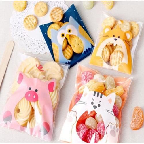 50Pcs Cute Cartoon Animals Cookie Candy Bag Self-Adhesive Plastic Bag For Wedding Birthday Party Biscuits Baking Gift Packaging