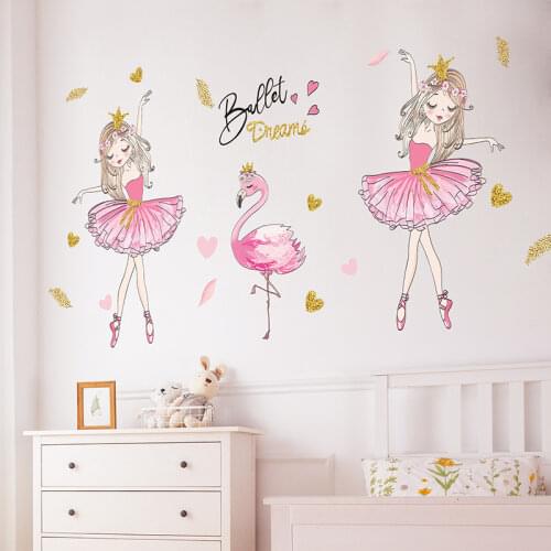 [shijuekongjian] Cartoon Girl Dancer Wall Stickers DIY Flamingo Animal Wall Decals for Kids Rooms Baby Bedroom House Decoration