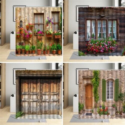 Retro Wooden Door Flower Window Shower Curtain Country Farmhouse Scenery ​Bathroom Decor Garden Curtains With Hooks Waterproof