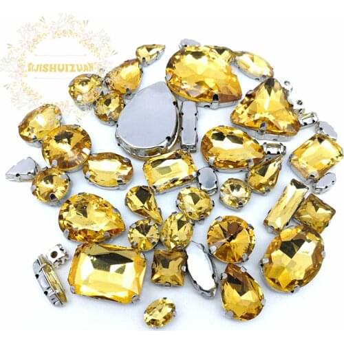 52pcs 23sizes 10shapes MIX Golden yellow shape Crystal Glass Sew-on Rhinestones silvery Bottom DIY Womens Dresses sijishuizuan