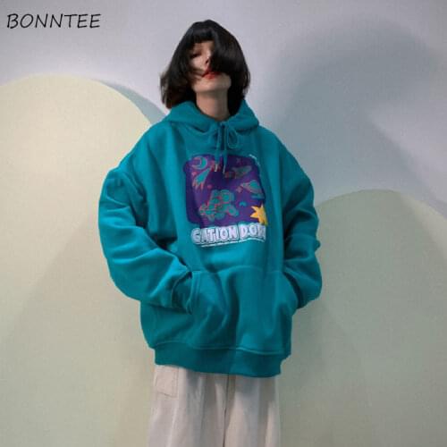 Women with Hat Hoodies Print Plus Velvet Thicker Front Pocket Large Size All-match Chic Female Sweatshirts Daily Stylish Popular