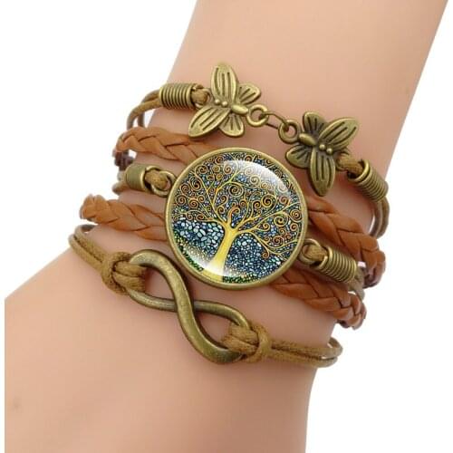 WG 1pc Fashion Tree of Life Time Gem&stone Bracelet Retro Multilayer PU Woven Infinite Love Bracelet Jewelry For Female Bijoux