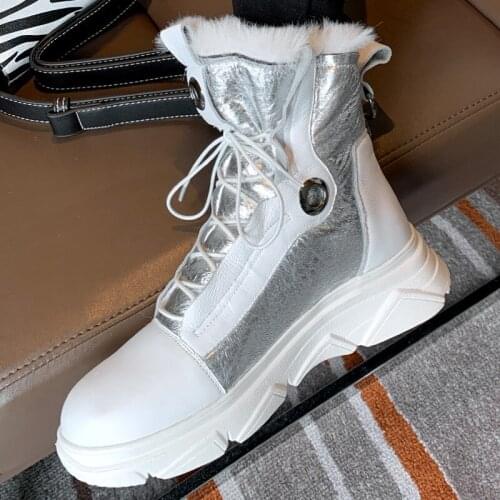 2020 Winter New Warm Casual Handmade Genuine Leather Women Shoes Cross Tied Round Toe Thick Sole Lace Up Chunky Heels Boots