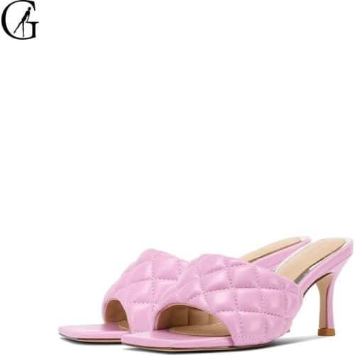 GOXEOU Womens Slippers Purple Checkered Pattern Square Toe 7 CM Thick Heel Fashion Comfortable Office Lady Sandals Size 34-40