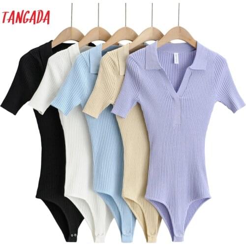 Tangada 2021 Women Solid Knit Playsuits Big Strethy Short Sleeve Rompers Ladies Chic Jumpsuits 4P85