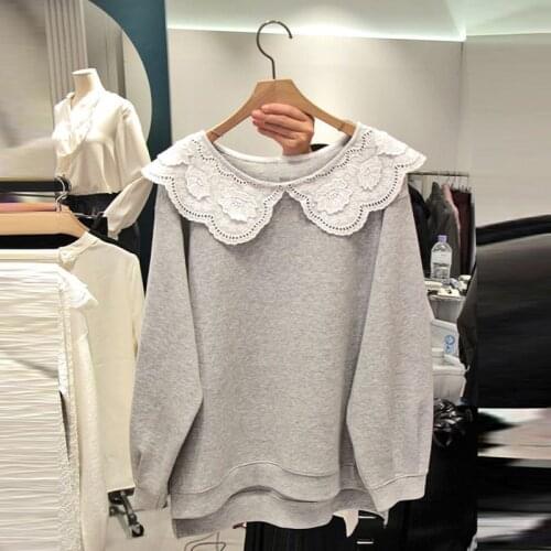 Lace Patchwork Peter Pan Collar 2020 Spring and Autumn New Loose Casual Sweatshirt Women