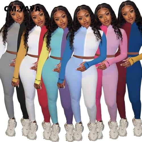 CM.YAYA Patchwork Knitted Lucky Label Womens Set Zipper Top Leggings Pant Set Tracksuit Ribbed Two Piece Outfits Sweatsuit