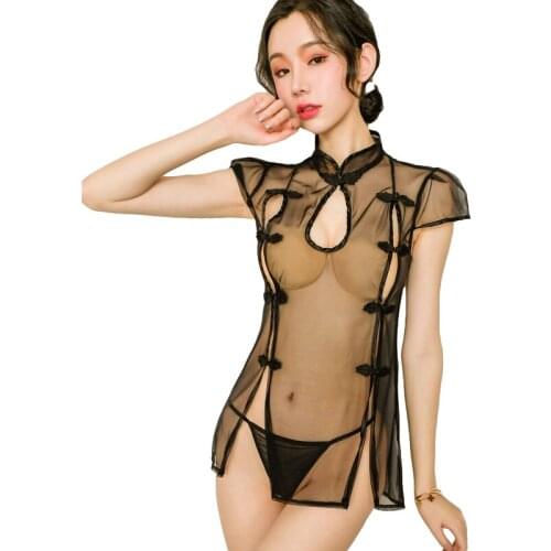 Women Sleepwear Nighties Lace Night Gown Round-Neck Lingerie Dress See-through Femme Nightwear Sexy Hot Erotic Cheongsam