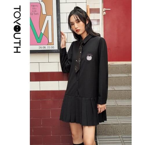 Toyouth Women Shirt Dress 2021 Autumn Long Sleeve Polo Collar Pleated skirt Embroidery badge Vintage Preppy Style Dresses
