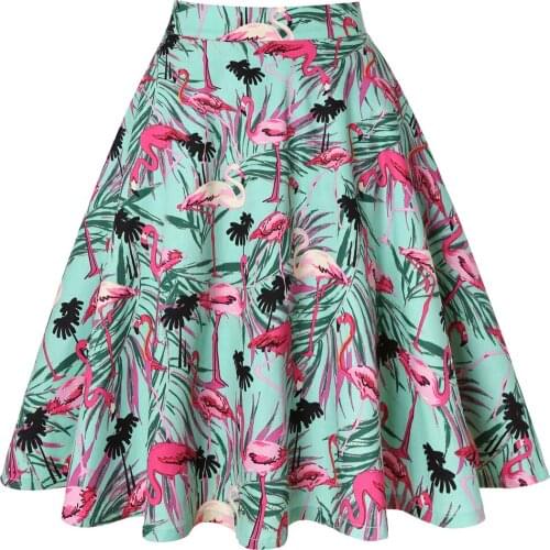 2020 Summer Green Flamingo Skirts Cotton Women Ladies School A Line Knee Length High Waist Swing 50s Vintage Skirt VD0020
