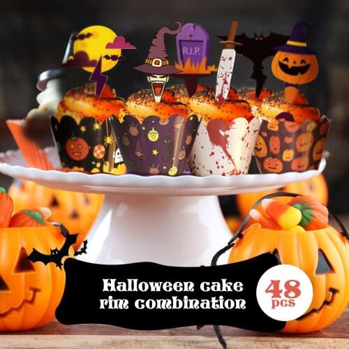 24pcs Halloween Cupcake Wrappers with 24pcs Cake Toppers Kit for Halloween Party Dessert Handmade Cake Decorations Supplies