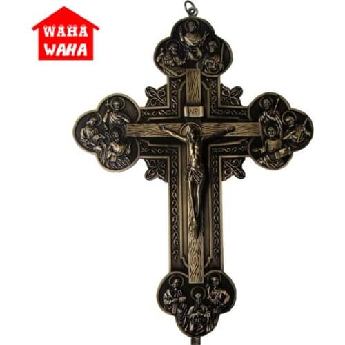 32.5CM Wall Cross Carving The Twelve Apostles Icon Jesus Cross Pendant Ornaments Jesu Crucifix Rood Lamb of God INRI Desk Decor