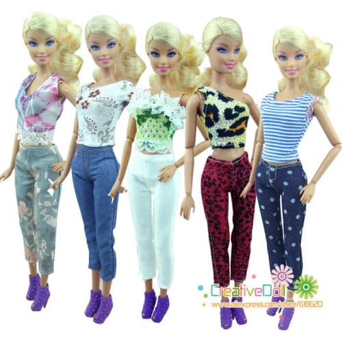 5sets Fashion Handmade Casual Style 5 Clothes + 5 Trousers pants Outfits For Barbie Doll Girls birthday new year Gift for kids