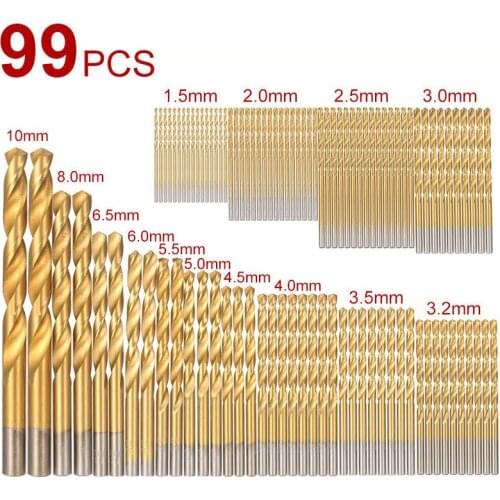 99Pcs 1.5MM-10MM Titanium High Speed Steel Twist Straight Shank Drill Hole Stainless Steel Set Woodworking Hole Opener Tool