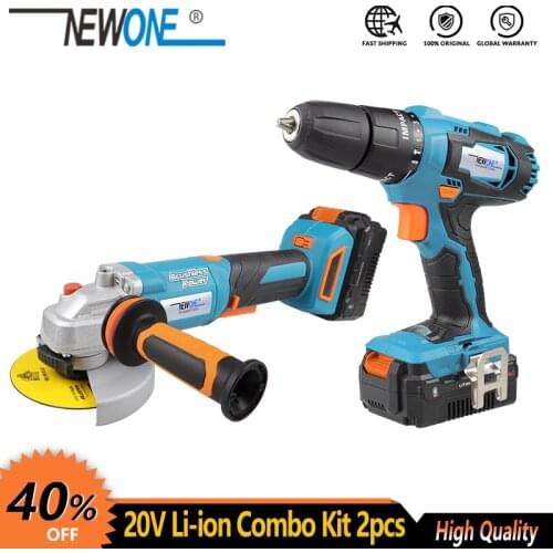 NEWONE Electric Power Tool 20V Li-ion Cordless Impact Drill/Screwdriver Cordless Brushless Angle grinder, Combo Kit Grinding