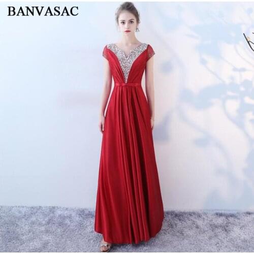 BANVASAC 2018 Crystal Sequined V Neck Lace A Line Long Evening Dresses Party Bow Sash Short Sleeve Backless Prom Gowns