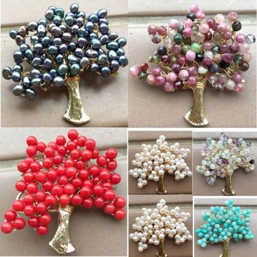 Free Shipping Women Fashion Jewelry Life of Tree- Pearl Jaspe Tourmaline Flourite Bead Brooch 1Pcs WFH823