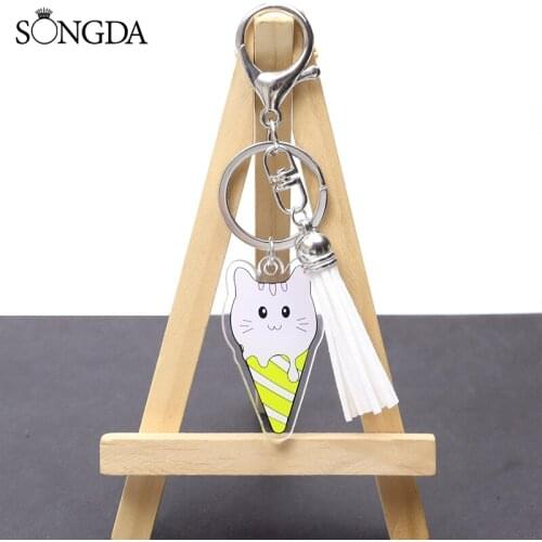 Ice Cream Animals Pattern Acrylic Tassel Keychain Cat Dog Kitten Puppy Cone Kawaii Key Rings Bag Car Jewelry Pendants Cute Gifts