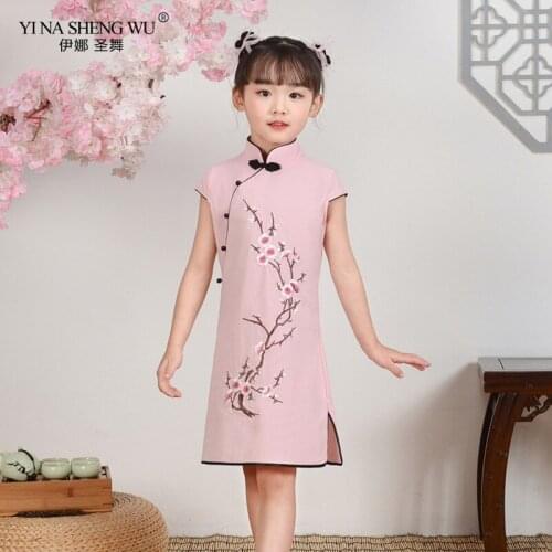 Baby Girl Chinese Cheongsam Dress Qipao Clothes Summer Style Children Cotton Short Sleeve Traditional Party Dresses For Kids