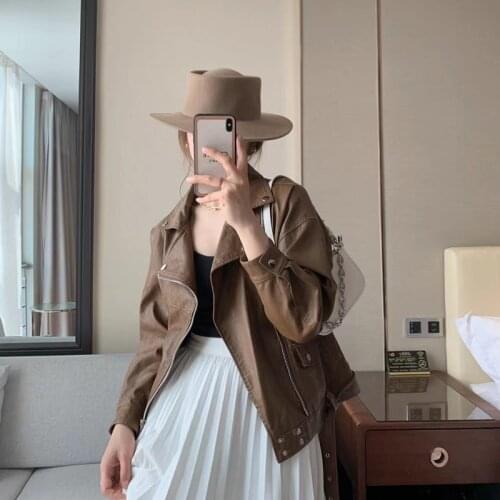 Women Spring Autumn Streetwear Oversized Faux PU Leather Jacket Batwing Sleeve With Belt Brown Turn-down Collar Outwear Chaqueta
