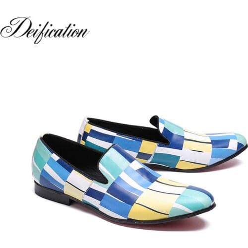 Deification Lattice Colors Printed Mens Flats Leather Shoes Moccasins Slip On Loafers Fashion Italian Shoes Men Wedding Shoes