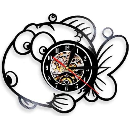 Golden Fish Wall Clock Cartoon Fish Sea Animal Vinyl Record Wall Clock 3D Watches Nursery Hanging Home Decor For Childrens Room