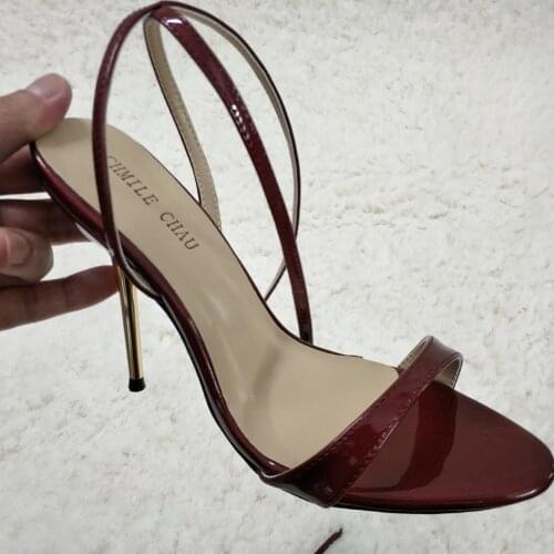Sexy Burgundy Patent Sandals High Heel Slimmer Dress Party Women Sandals Summer New Open Toe Ankle Strap Stiletto 11cm Heel Shoe