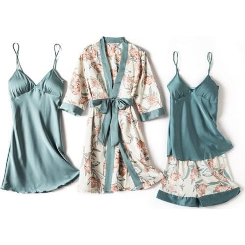 Print Pajamas Set Women 4 Piece Sleepwear Satin Lace Sleep Pyjama Lounge with Chest Pads Sexy Strap Silky Home Nightwear