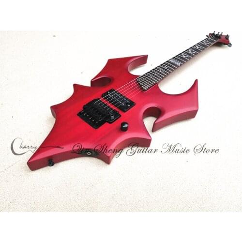 Custom 6 string electric guitar,matte red guitar,H pickups,tremolo bridge, bat inlay,black buttons