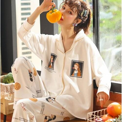Plus size pajamas women autumn cotton long-sleeved suit spring cardigan Korean loose home service M-XXXL