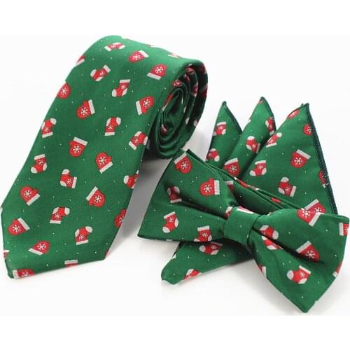 GUSLESON Fashion Christmas Tie Set Tree Hat Pattern Printed Silk Jacquard Woven Red Green Bow Tie and Square Scarf Festival