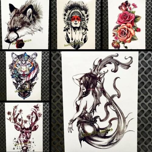 Sexy Mermaid Girl Temporary Tattoo Sexy Women Makeup Waterproof Henna Tattoo Stickers, Body Art Arm Tatoo Shoulder Back Legs