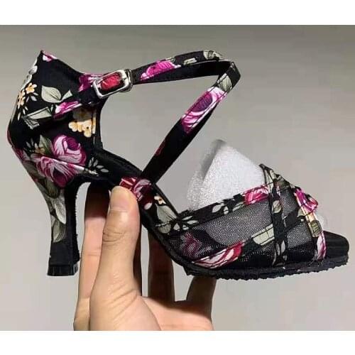 Latin Dance Shoes Woman Salsa Shoes Jazz Shoes Dance Ballroom Shoes Suede Outsole Flower Fashion Design Middle Heel IDancing