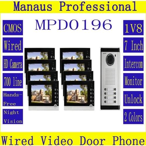 High Quality Smart Home 1V8 Intercom System One to Eight Video Doorbell 7 Inch Display 6 IR Lamps Cable Visible Interphone D196b