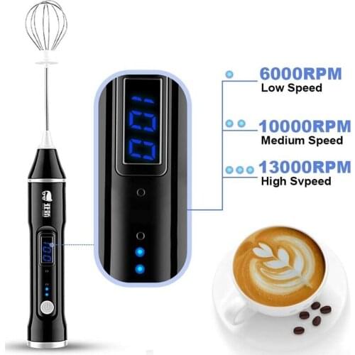 Electric Milk Frother Handheld Blender USB Rechargeable 3-Speed Mixer LCD Display for Coffee Egg Milk Latte Cappuccino
