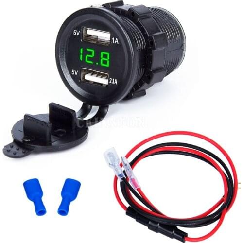 20Pcs/Lot Dual USB Car Motorcycle Cigarette Lighter Charger Socket Charger+LED Digital Voltmeter Meter Monitor With Cable