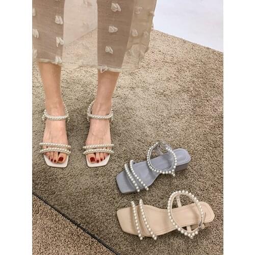 Womens Shoes Sandals 2021 Summer New Style Fashion Buckle Thick Heel Pearl Square Toe Mid-heel Shoes Women Shoes Sandals