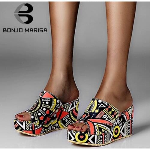 BONJOMARISA 2020 New Unique Geometric Platform Fashion High Heel Wedges Slippers Women Cool Colorful Summer Shoes Woman