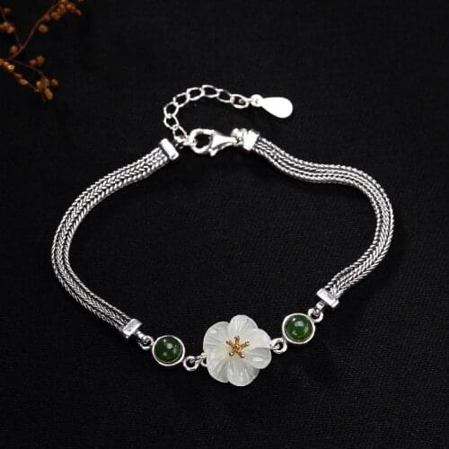 Womens Bracelet Retro Real 925 Sterling Silver Natural Plum White Jade Bracelet For Lady Engagement Birthday Gift 2019