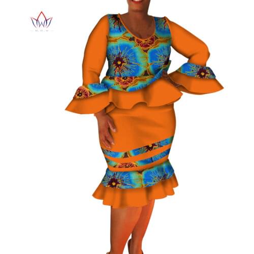 Ruffles Long Sleeve Print Tops and Skirt Sets for Women Bazin Riche African Clothing 2 Pieces Customize Skirts Sets New WY5366