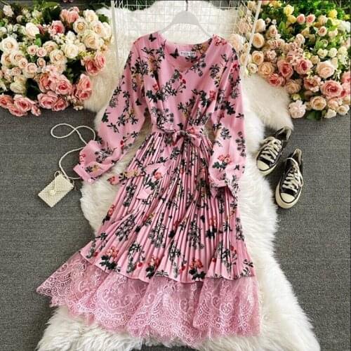 Elegant V-neck Floral Print Women Dress Long Sleeve Lace Patchwork Pleated Long Dress 2021 New Autumn Bandage Vestidos