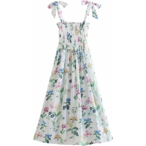 Floral Print Pleated Midi Dress Women Folds Spaghetti Straps Sleeveless Backless Elastic Waist Slim Long Dress Vacation Vestido