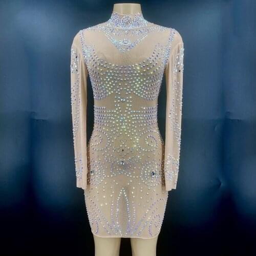 Shing Rhinestones Transparent Dress Women Birthday Celebrate Prom Outfit Wedding Party Dress Singer Stage Dance Costume XS2652