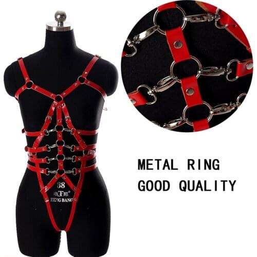 Body Harness Bra Leather Set Red Lingerie Belts Hollow Out Triangle Frame Bondage Top Plus Size Goth Dance Rave Female Bustier