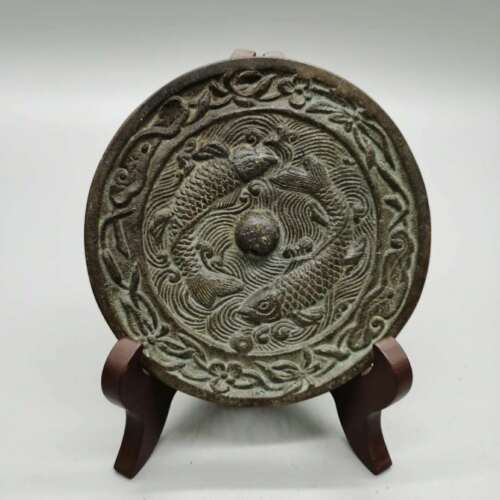4.4" Collect China Bronze Ancient Decorative Two Fish Plum Blossom Bronze Mirror