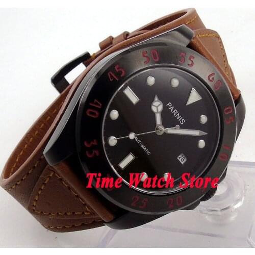 Parnis 43mm black dial luminous sapphire glass PVD case brown leather strap 10ATM MIYOTA Automatic mens watch 391A